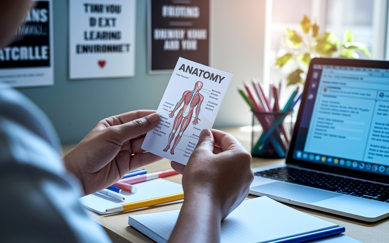 A close-up view of a medical student's hands holding an Anki flashcard with a detailed anatomy diagram. The student is seated at a desk with motivational posters on the wall and a laptop open showing the Anki interface. Soft natural light filters through the window, highlighting the focus on the card. Various colored pens and study materials scattered on the desk enhance the atmosphere of an active learning environment.