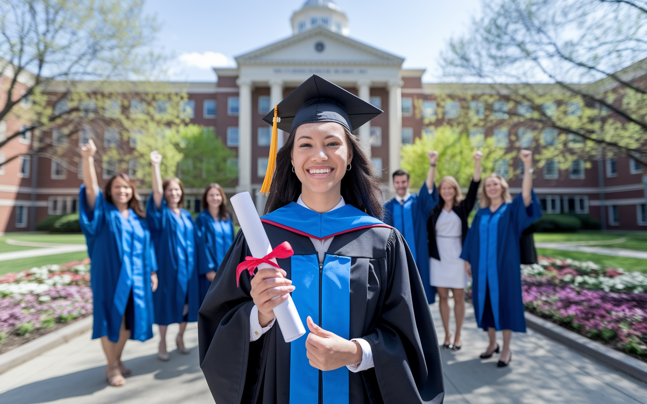 A triumphant medical student in graduation robes, confidently holding a diploma certificate, standing in front of a university building. Their smile radiates joy and relief after successfully passing the USMLE Step 1. Friends and family surround them, celebrating in a sunny campus environment filled with blooming flowers and bright skies. The atmosphere is festive and victorious, capturing the essence of achievement in medical education.