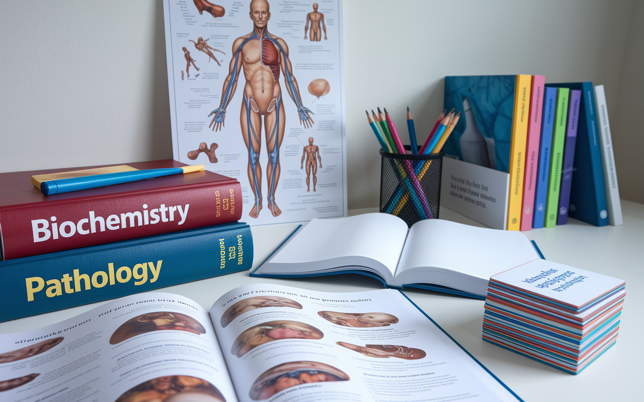 A detailed arrangement of anatomy and biochemistry study materials on a desk. A vivid anatomy poster depicting the human body is tacked to the wall, while textbooks labeled 'Biochemistry' and 'Pathology' lie open, filled with colorful diagrams and annotations. Next to them, a set of colorful flashcards showcasing key medical concepts are stacked to emphasize active recall techniques. The setting is bright and organized, embodying the diligence necessary for success in medical studies.