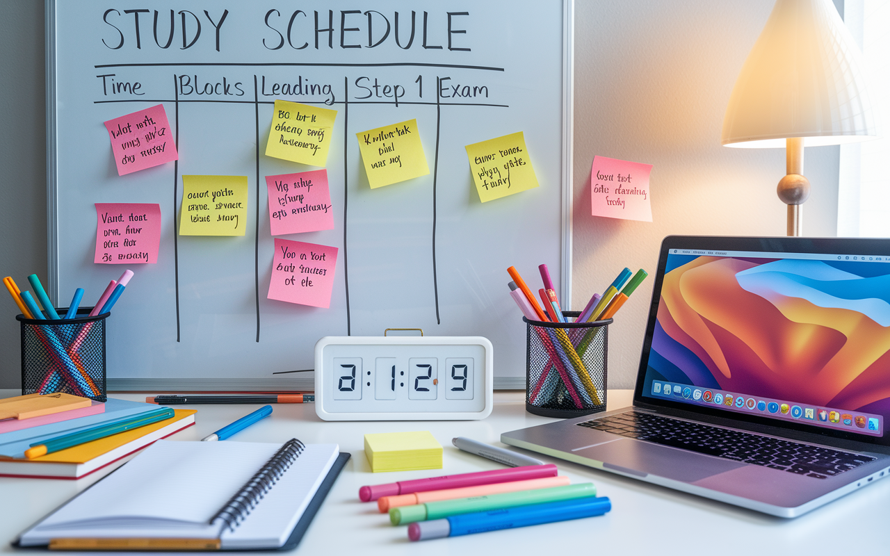 A well-organized study desk featuring a detailed study schedule on a whiteboard, showing time blocks for different subjects leading up to the USMLE Step 1 exam. Sticky notes with motivating messages are scattered around, accompanied by a high-tech timer counting down study sessions. Colorful markers and stationery for effective note-taking rest beside a laptop running a medical education app. The bright lighting creates an encouraging environment for focused studying.