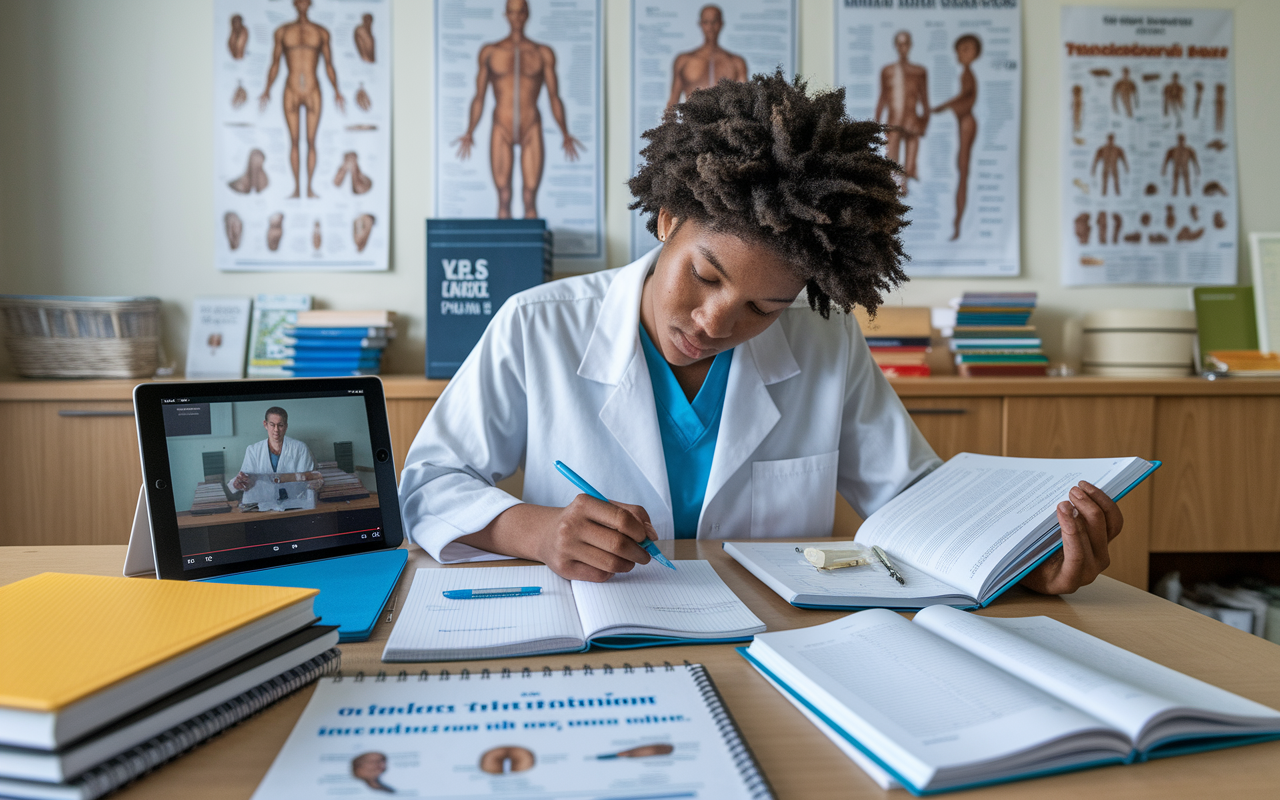 A medical student immersed in a learning session, using a combination of textbooks, an iPad displaying a video lecture, and a notebook for jotting down notes. The room is filled with educational materials, posters of the human body's anatomy, and medical charts. The scene captures the essence of diverse study resources, emphasizing the use of technology for effective learning in a modern educational environment.