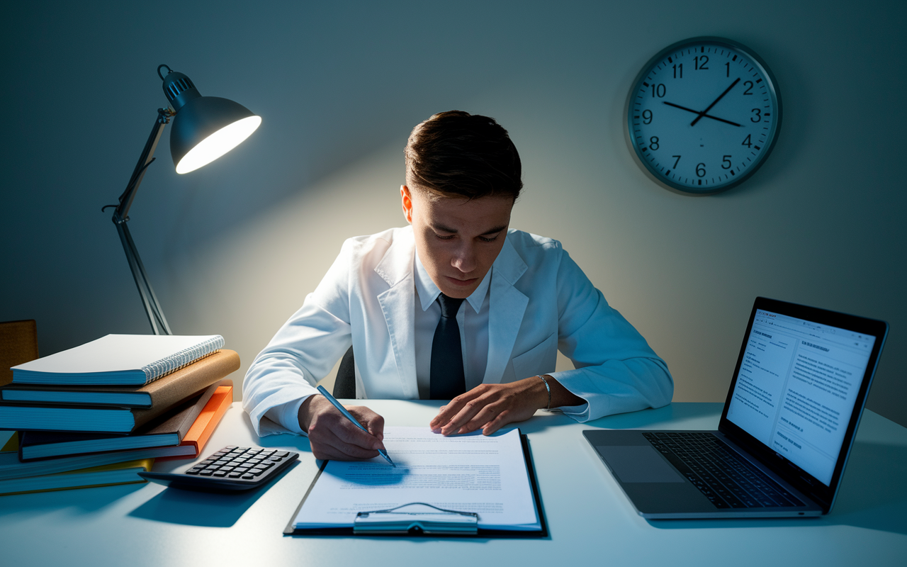 A focused medical student in a quiet room, sitting at a desk while completing a full-length practice exam. The atmosphere is tense with concentration, and a wall clock indicates the passage of time. Included are stacks of review books and a calculator beside the laptop displaying question screens. The lighting is soft yet ample, enhancing the intensity of the exam preparation.