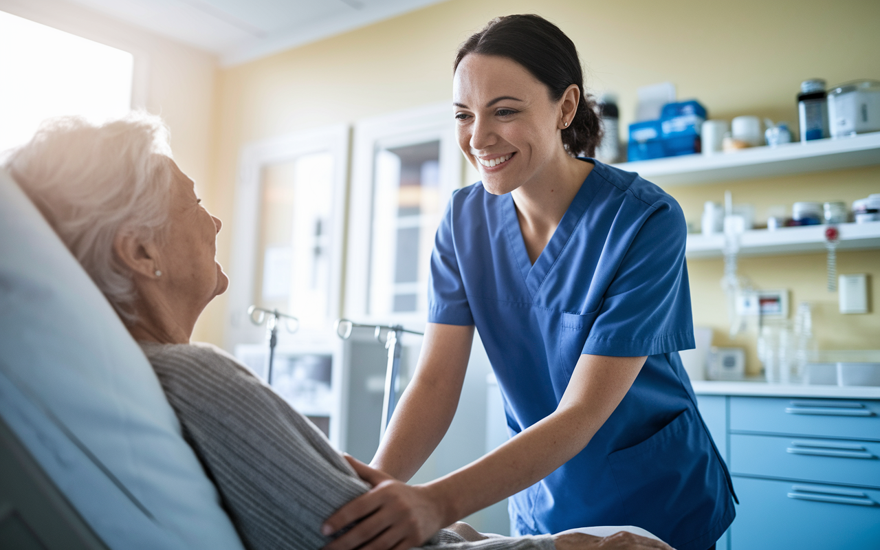 A compassionate volunteer in a hospital setting, assisting an elderly patient and providing comfort. The volunteer is wearing scrubs, smiling gently, as they listen to the patient. The room is bright and filled with natural light, giving off a warm and caring atmosphere, with medical supplies neatly organized in the background. The scene captures the essence of empathy in healthcare.