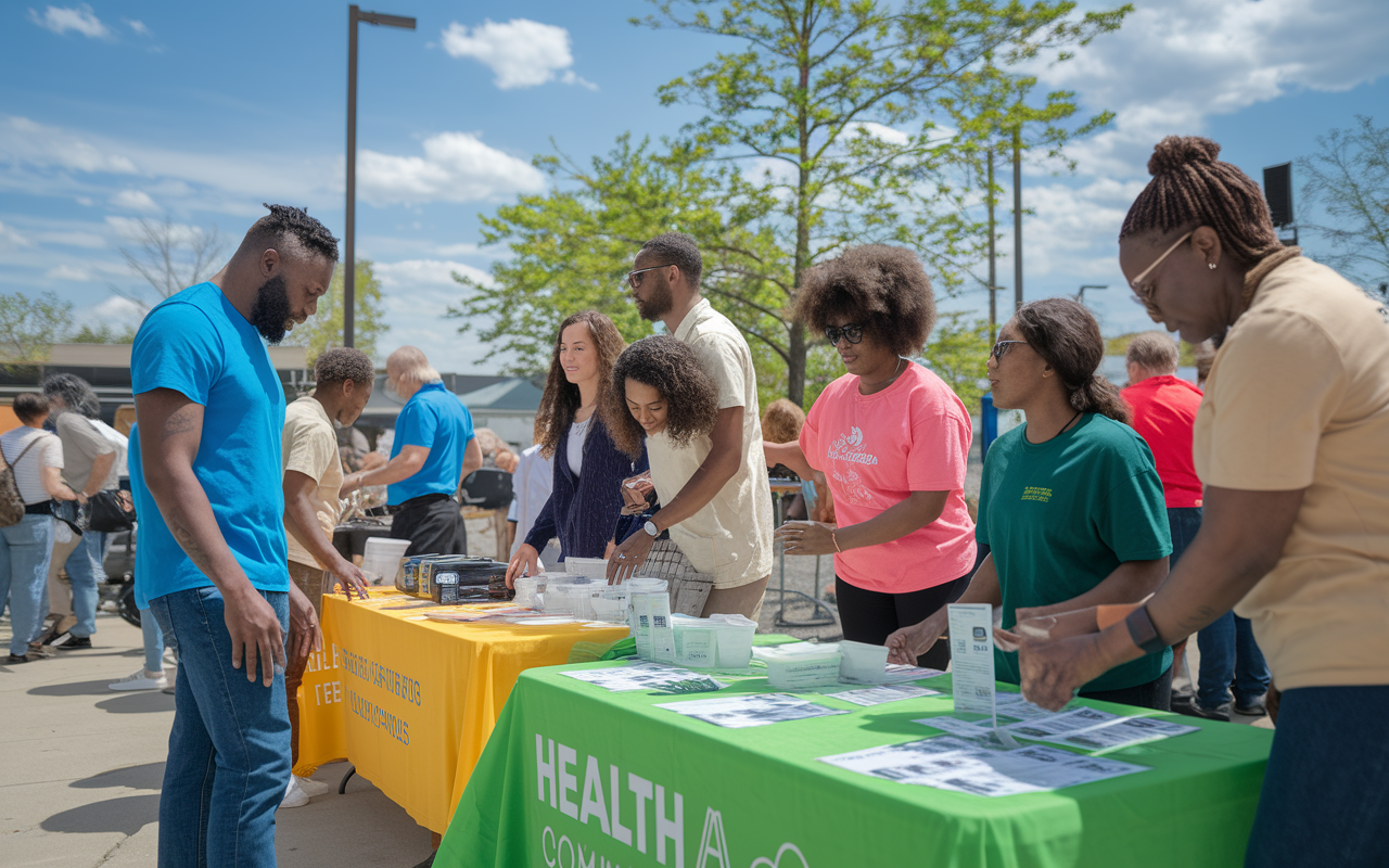 A diverse group of volunteers engaged in a community health initiative, setting up a free health fair outdoors. They are interacting with local residents, offering health screenings and educational materials. Bright banners and tables filled with health resources create a lively atmosphere, emphasizing the importance of service and community commitment under a clear blue sky.