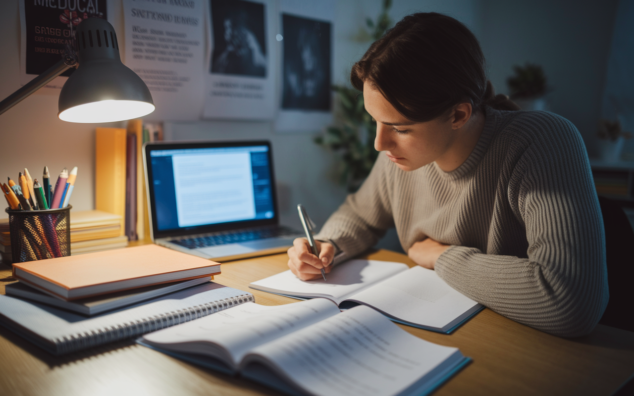 A focused student sitting at a desk covered with open books and notes, writing their personal statement for medical school. The warm light from a desk lamp creates an intimate and studious atmosphere, with motivational posters on the wall and a laptop displaying a draft of their narrative. The student's face reflects determination and thoughtfulness during this critical writing process.