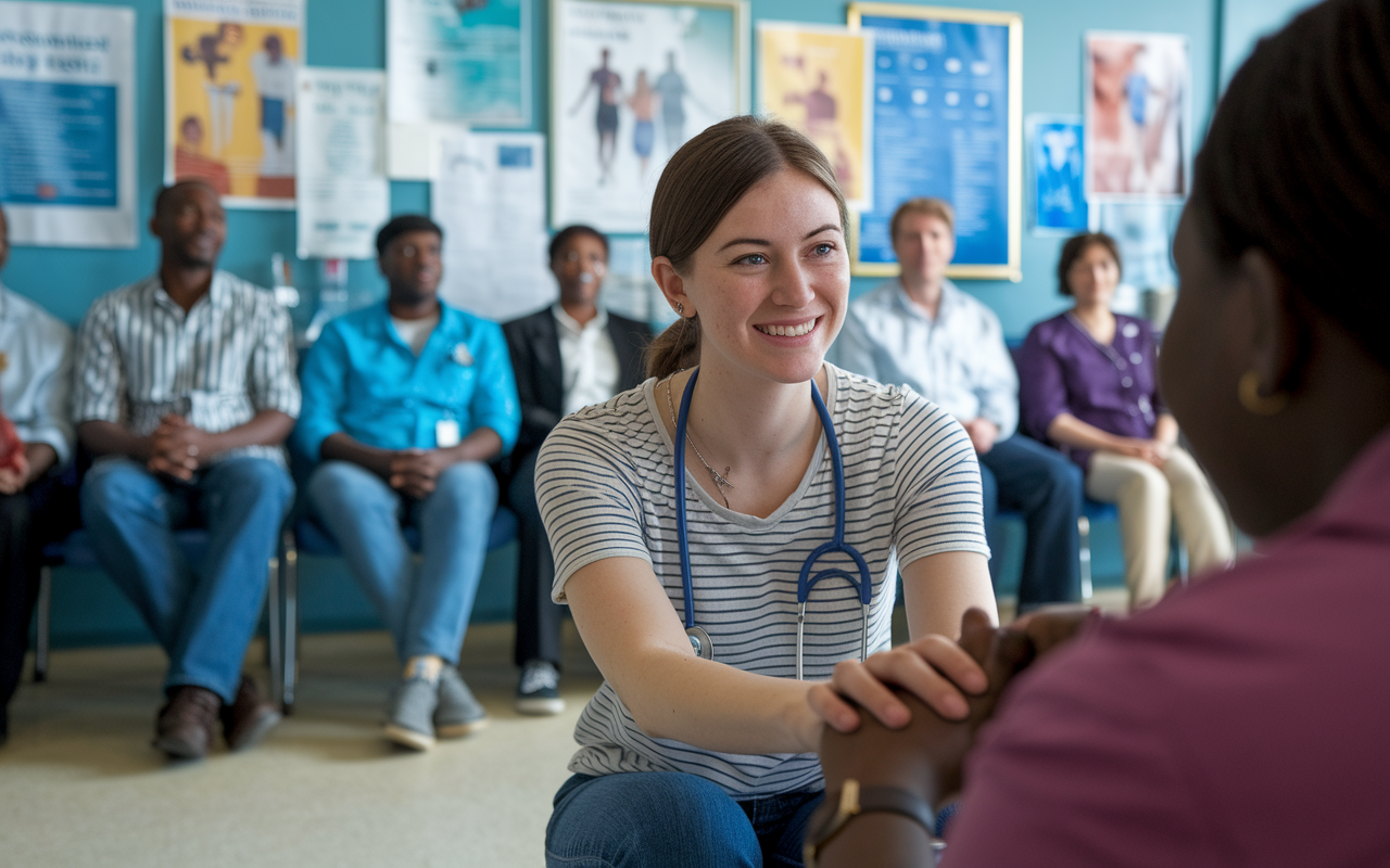 A heartwarming scene of Laura, a young woman with a caring demeanor, sitting with a patient at a free clinic. She is holding the patient's hand, listening intently, with a comforting smile. The clinic is filled with medical posters and a diverse group of patients waiting in the background, illustrating the atmosphere of compassion and care.