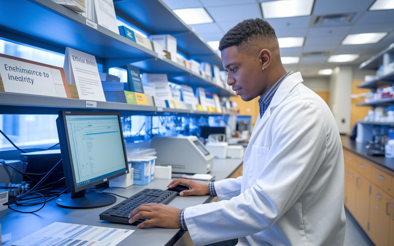 James, a diligent student wearing a lab coat, is in a laboratory setting, meticulously reviewing data on a computer. Shelves filled with research materials and ethical guidelines on display emphasize the importance of integrity in his work. The lab has bright lights and a high-tech environment, showcasing a commitment to ethical standards in medicine.