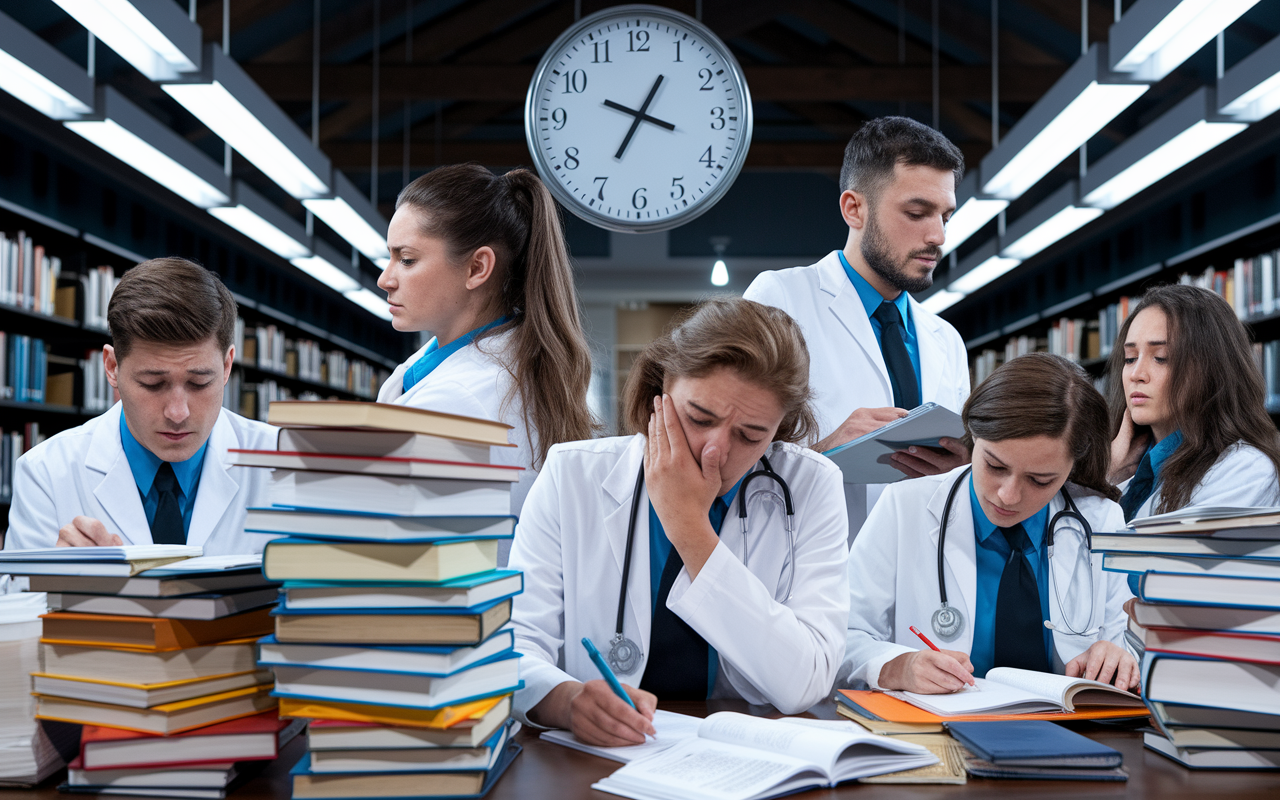 A collage of medical students in a library environment, surrounded by piles of books and notes, some with panic-stricken faces, others furiously writing notes as a clock ticks ominously overhead. The scene conveys a high-pressure atmosphere with whispers and rustling papers, fluorescent lights casting a stark glow on the stressed faces, showcasing different reactions to the stress of cramming before an impending exam.