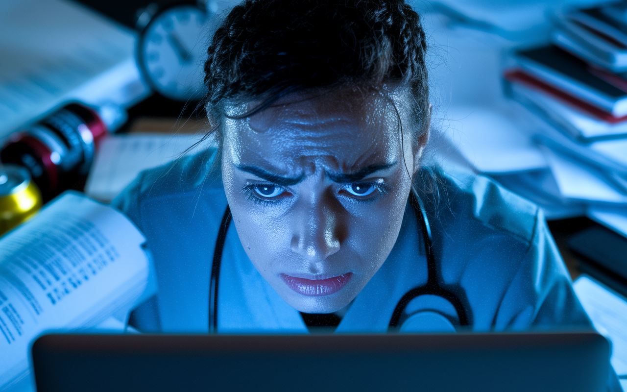 A close-up of a medical student's anxious face, illuminated by the blue light of a laptop screen, beads of sweat visible, with papers and textbooks scattered chaotically around them. A clock shows late hour markings, and the background is blurred with tense study materials and an energy drink can, illustrating the stress and pressure associated with cramming.