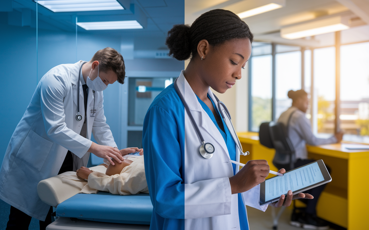 A split-screen image showing a medical student practicing clinical skills in a simulation lab on one side, and another student reviewing exam questions on a tablet. The simulation side features a realistic doctor-patient interaction setting, while the other side showcases a bright, inviting study area. The lighting is warm and motivational, emphasizing the blend of practical and theoretical learning.