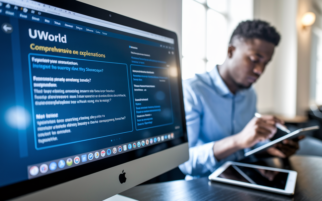A screenshot of a computer screen showcasing the UWorld interface, displaying an interactive question with comprehensive answer explanations. In the background, a focused student is analyzing the information on a separate tablet, emphasizing the engaging study environment. Soft, focused lighting enhances the scene, creating a studious and digital learning atmosphere.
