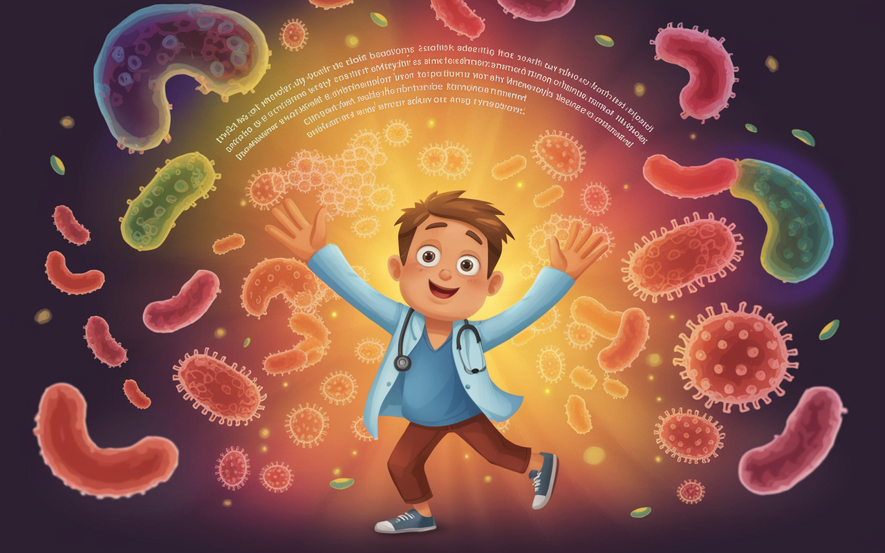 A vivid animation scene from SketchyMedical, illustrating a microbiology concept in a fun and engaging way. The background is a colorful, whimsical representation of bacteria and pathogens, capturing the viewer’s imagination. The main character is a cartoonishly stylized medical student, happily interacting with the visuals as educational text floats around. The warm colors and dynamic movement create an inspiring atmosphere for learning.