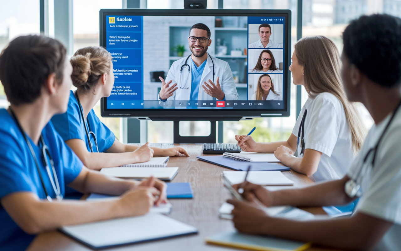 A lively scene in a Kaplan Medical virtual classroom featuring an instructor on a video call explaining concepts to engaged medical students via webcam. The screen displays interactive slides with key points, and students are attentively taking notes at their desks surrounded by books and medical charts. Bright, focused lighting emphasizes a collaborative and energetic learning environment.