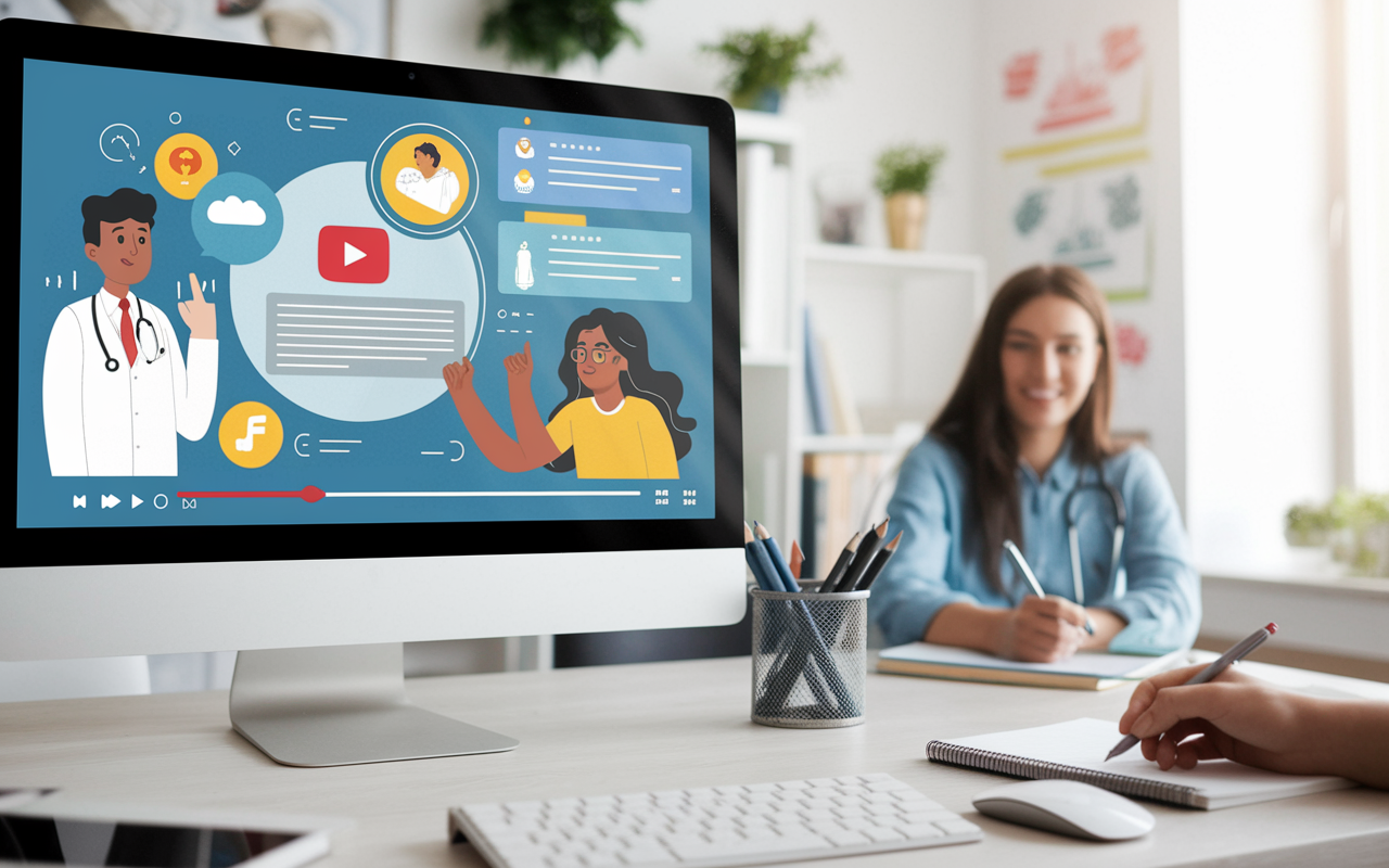 A computer screen showing a YouTube video tutorial about a complex medical topic, featuring engaging visuals and animated explanations. In the background, a student is watching attentively with notepad and pen, highlighting the importance of auditory and visual learning. The room is bright and filled with educational posters creating an inviting atmosphere for study.