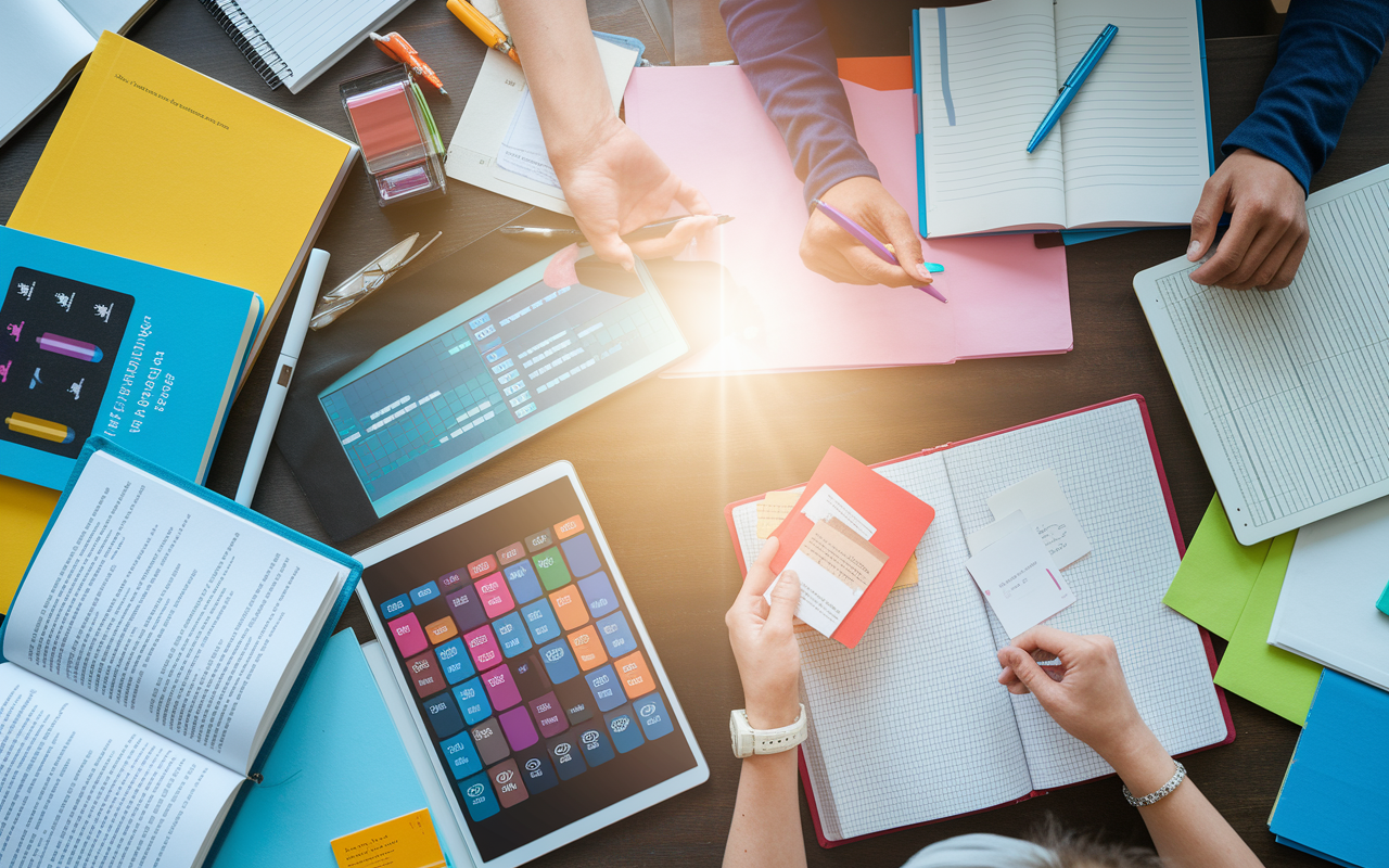 A collage of various medical study resources including textbooks, tablets with interactive resources, and a student engaged in studying at a desk filled with notes and flashcards. The vibrant and diverse materials emphasize the importance of a multi-faceted approach to learning. A bright, inviting light fills the area, symbolizing optimism and determination.