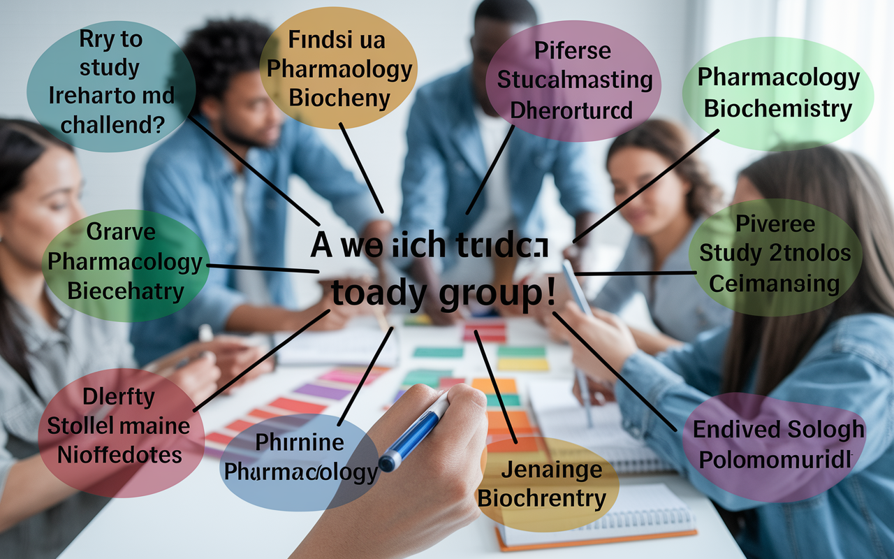 A close-up of a student's hands writing on a whiteboard filled with colorful mind maps, illustrating various medical subjects like pharmacology and biochemistry. The background is an engaged study group with diverse students collaborating, showcasing different study tools like flashcards and textbooks, creating an atmosphere of collective learning and shared challenges.