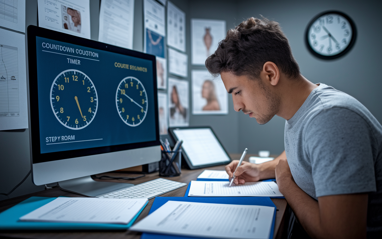 A student practicing for the USMLE Step 1 exam in a focused study room. The scene depicts a countdown timer on a computer screen alongside a question bank. The atmosphere is tense yet productive, with the student diligently writing answers while glancing at the timer. The room is filled with medical charts and a wall clock emphasizing the importance of time management in exam preparation.