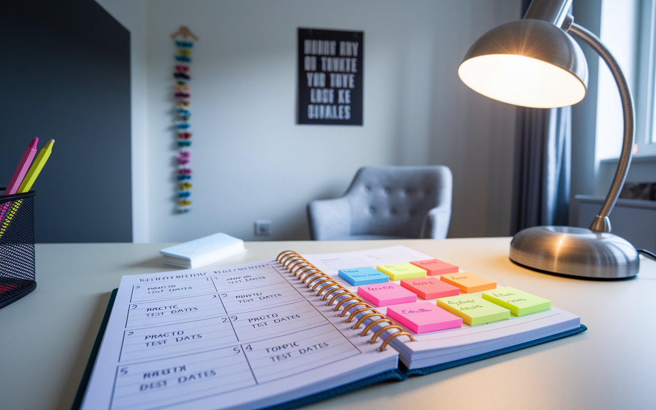 A well-organized study planner on a desk, showcasing a weekly calendar filled with practice test dates, alongside colorful sticky notes for topic-specific quizzes. The room features a motivational poster on the wall, a comfortable chair, and a warm desk lamp, creating an inviting study environment that encourages discipline and structure.