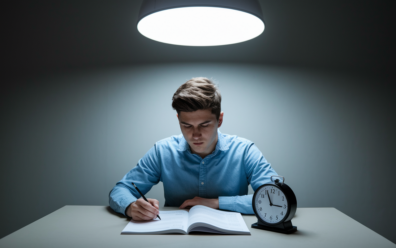 A focused medical student simulating an exam environment at a quiet study space. The student, dressed in casual attire, is sitting at a desk with a strict timer next to a full-length exam booklet. A light shines from above, creating a focused glow around the test area, emphasizing the seriousness of preparation.