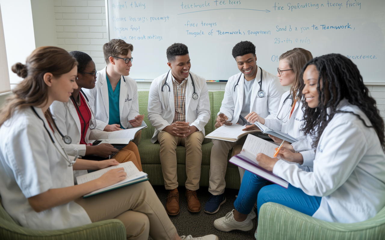 A diverse group of medical students sitting together in a cozy study room, collaborating on practice test questions. They are engaged in a lively discussion, with textbooks and laptops open, whiteboards filled with formulas and explanations in the background. The setting conveys a sense of teamwork and support among peers, enhancing the study experience.