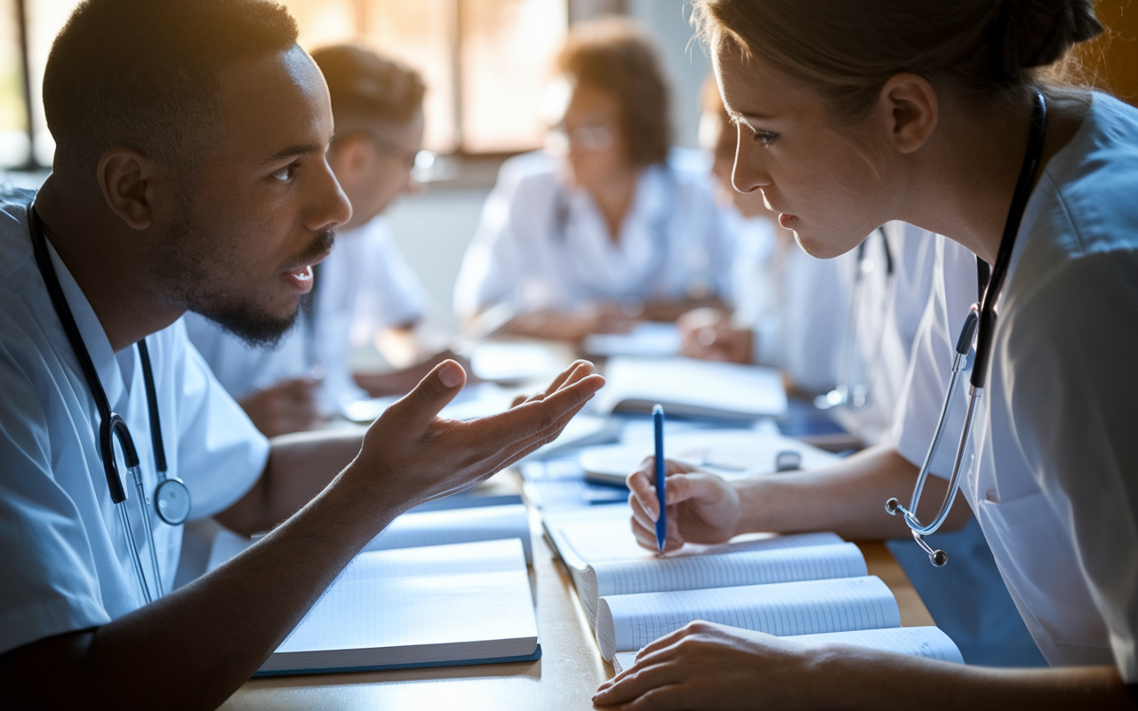 A close-up scene of two medical students engaged in an intense discussion at a table filled with textbooks and medical notes. One student gestures emphatically while explaining a concept, and the other looks intrigued, taking notes. The atmosphere is focused and serious, enhanced by warm lighting that highlights the expressions of determination and curiosity on their faces. In the background, other group members can be seen studying, creating a dynamic environment that fosters learning.