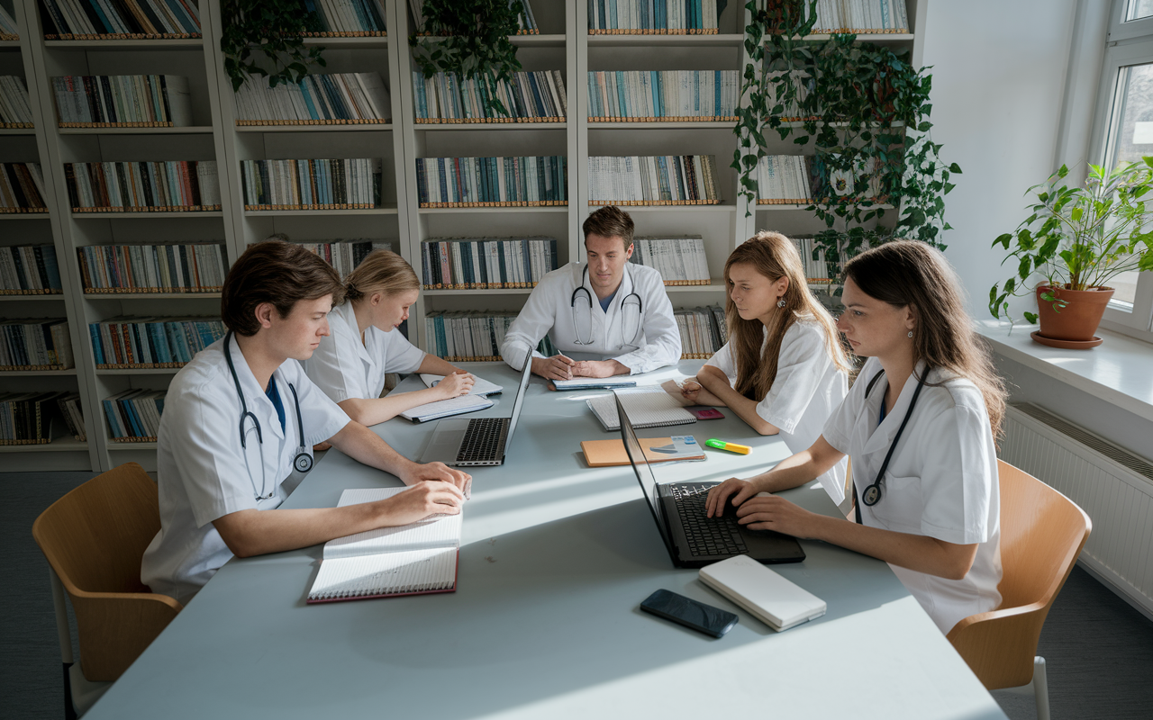 A cozy library setting with a group of medical students studying together at a large table, their faces focused and determined. The room is lined with shelves filled with medical textbooks and journals, with a few potted plants adding a touch of nature. The students have laptops, notebooks, and highlighters scattered around, creating an environment filled with intellectual energy. Soft, natural light coming through the windows casts light on the pages they are studying, symbolizing enlightenment and collaboration.