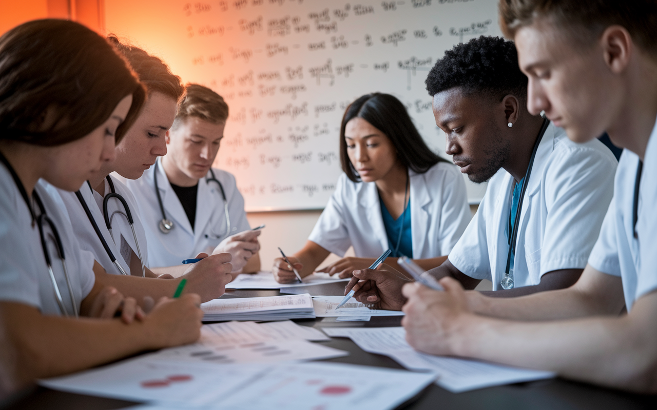 A scene depicting a diverse group of medical students deeply engaged in a problem-solving session. Papers are strewn across the table, with some students pointing to diagrams while others take notes. The expressions on their faces reflect determination and concentration, with a whiteboard covered in written formulas in the background. Warm overhead lighting creates a cozy yet focused environment, supportive of collaborative learning.