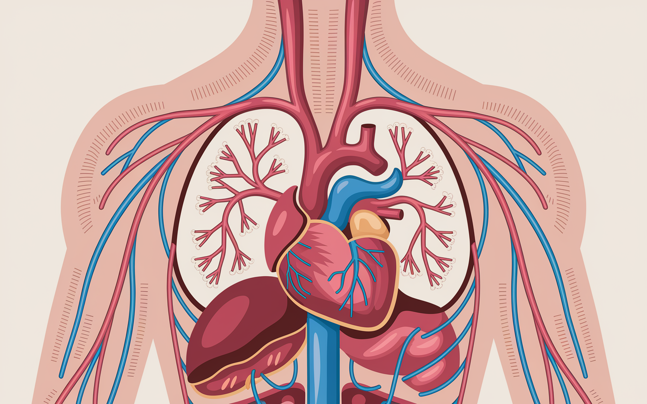 A detailed, labeled diagram of the human cardiovascular system, featuring the heart, arteries, veins, and major blood vessels. Artistic style reminiscent of a classic medical illustration, with intricate anatomical accuracy. A muted color palette with soft shadows to give depth, enhancing educational value and clarity.