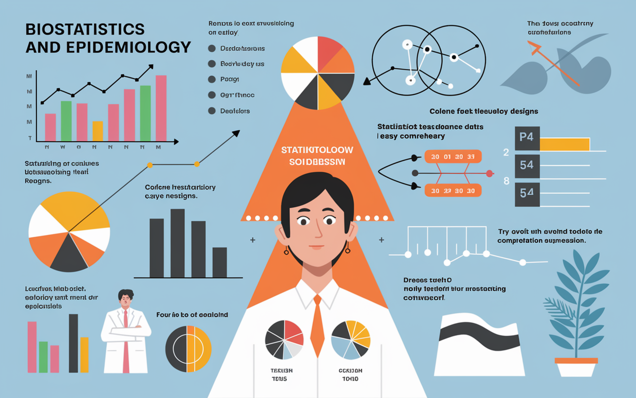 An educational infographic illustrating key concepts of biostatistics and epidemiology, showcasing graphs, data tables, and the disease transmission process. Colorful visuals that engage the viewer, enhancing understanding of statistical study designs with annotations explaining data relevance. A clear and academic layout for easy comprehension.