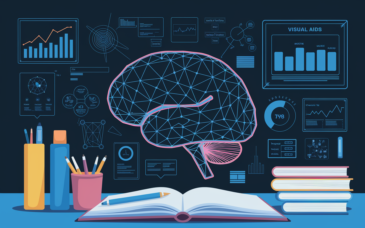 A digital illustration showing a brain with interconnected nodes representing different medical concepts, surrounded by visual aids like charts, diagrams, and mnemonic devices. Vivid colors and dynamic lines illustrate the active process of learning and retention. A background of a serene study environment enhances the visual theme of knowledge acquisition and memory.