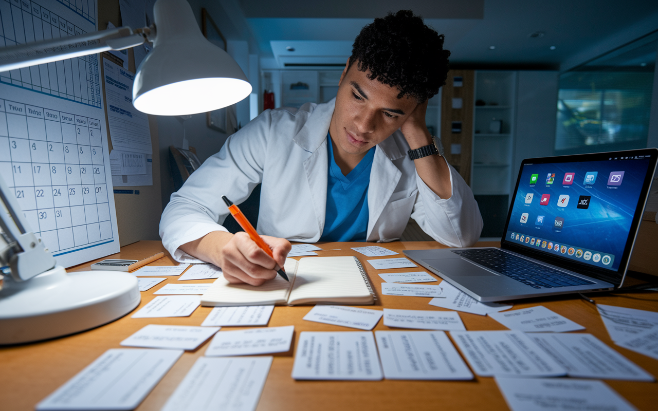 A medical student intensely focused on a desk covered with flashcards and practice questions, immersed in active recall strategies. The room is well-lit with a study lamp, and a calendar is visible indicating a study schedule. The student, expressing concentration and determination, highlights key points in a notebook while glancing at a nearby laptop showcasing study apps. The image captures the intensity and dedication of preparation for the USMLE Step 1 exam.