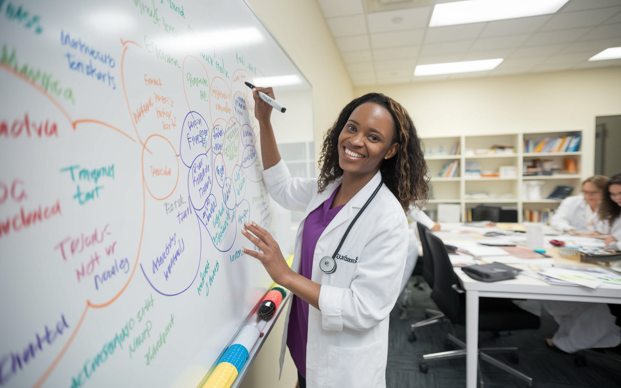 A medical student animatedly creating a colorful concept map on a large whiteboard, depicting connections between various medical topics. The room is vibrant with study materials scattered around, and various colored markers are in use. The student is smiling and engaged, demonstrating creativity and effective learning strategies in action.