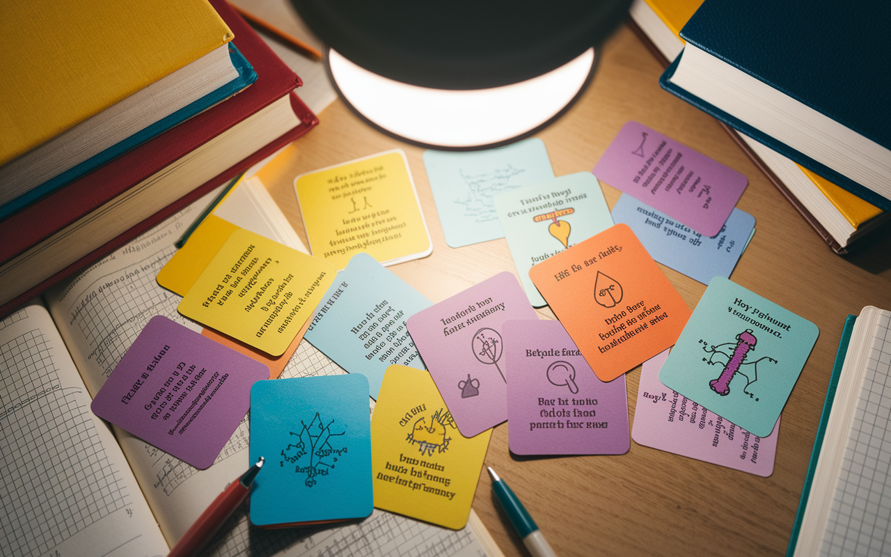 A collection of vibrant flashcards scattered on a study table, each card showcasing a key medical concept or high-yield fact for the USMLE Step 1 exam. Some cards feature colorful diagrams, including anatomical pathways and biochemical cycles, while others display concise questions and answers. The scene is illuminated by a desk lamp, giving a warm glow, with textbooks surrounding them imparting a sense of focused study environment.