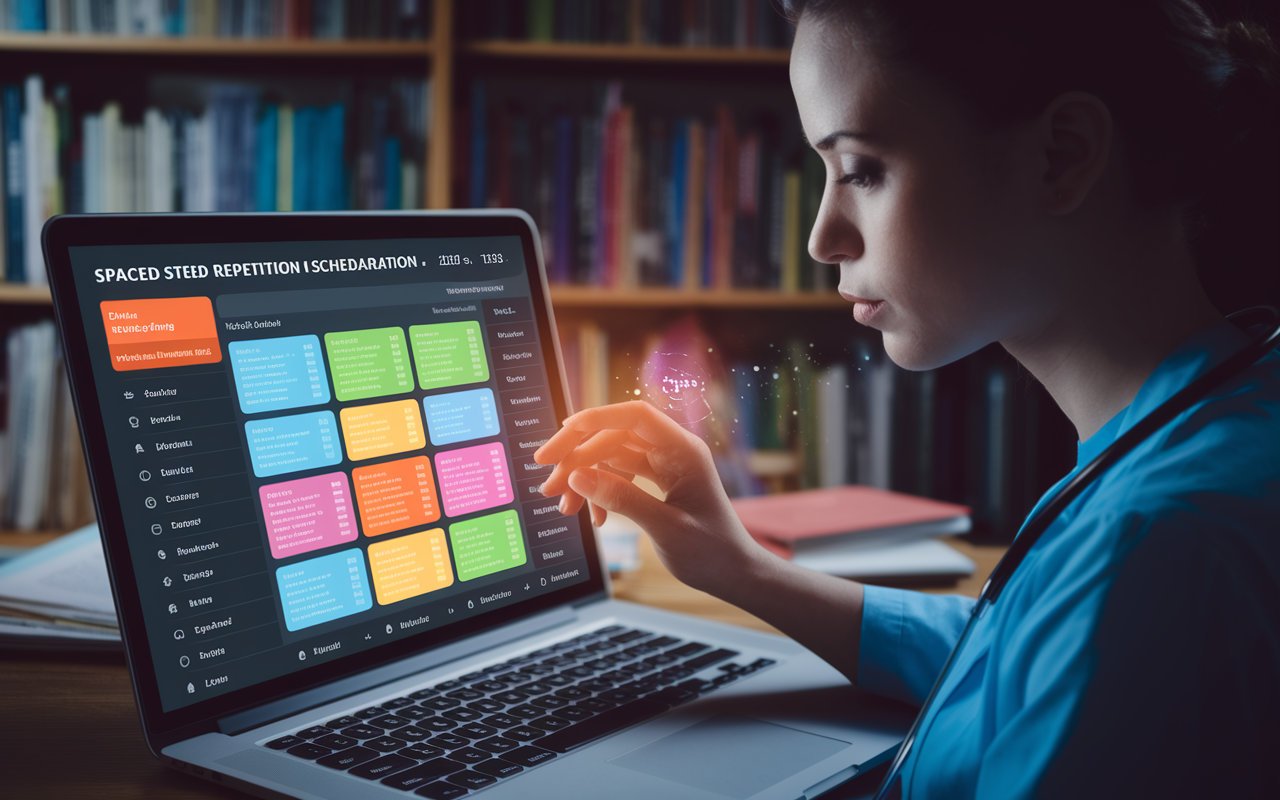 An intricate view of a digital flashcard interface on a laptop screen, with colorful cards organized into categories for the USMLE Step 1 preparation. The interface displays spaced repetition scheduling, and a focused user adjusts settings with a thoughtful expression. A soft glow from the screen illuminates the user's face against a cozy, nicely organized study environment filled with medical resources.