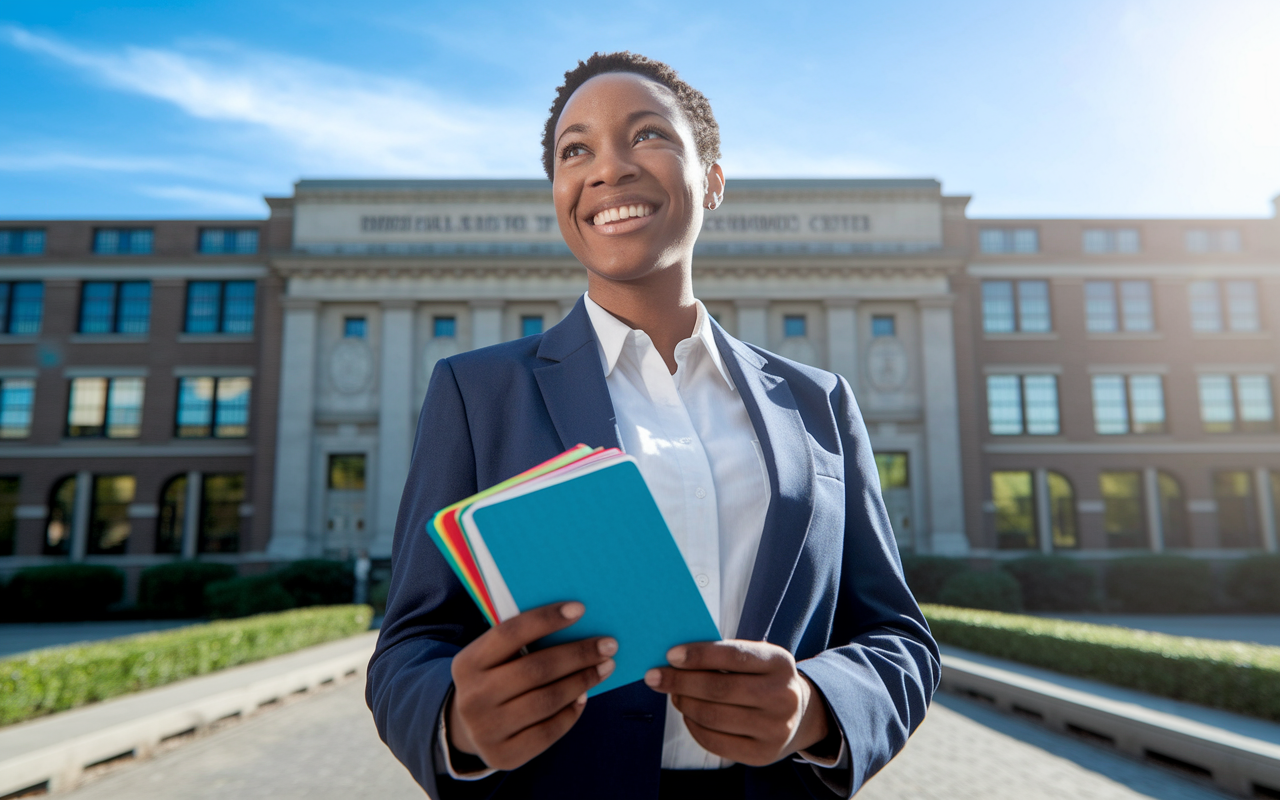 A confident medical student standing outside a medical examination center, clutching a few colorful flashcards in hand, wearing professional attire, smiling with confidence. The background features a prestigious medical school building under clear blue skies, symbolizing ambition and preparedness for the USMLE Step 1 exam. The sunlight casts an optimistic glow, reflecting a moment of triumph.