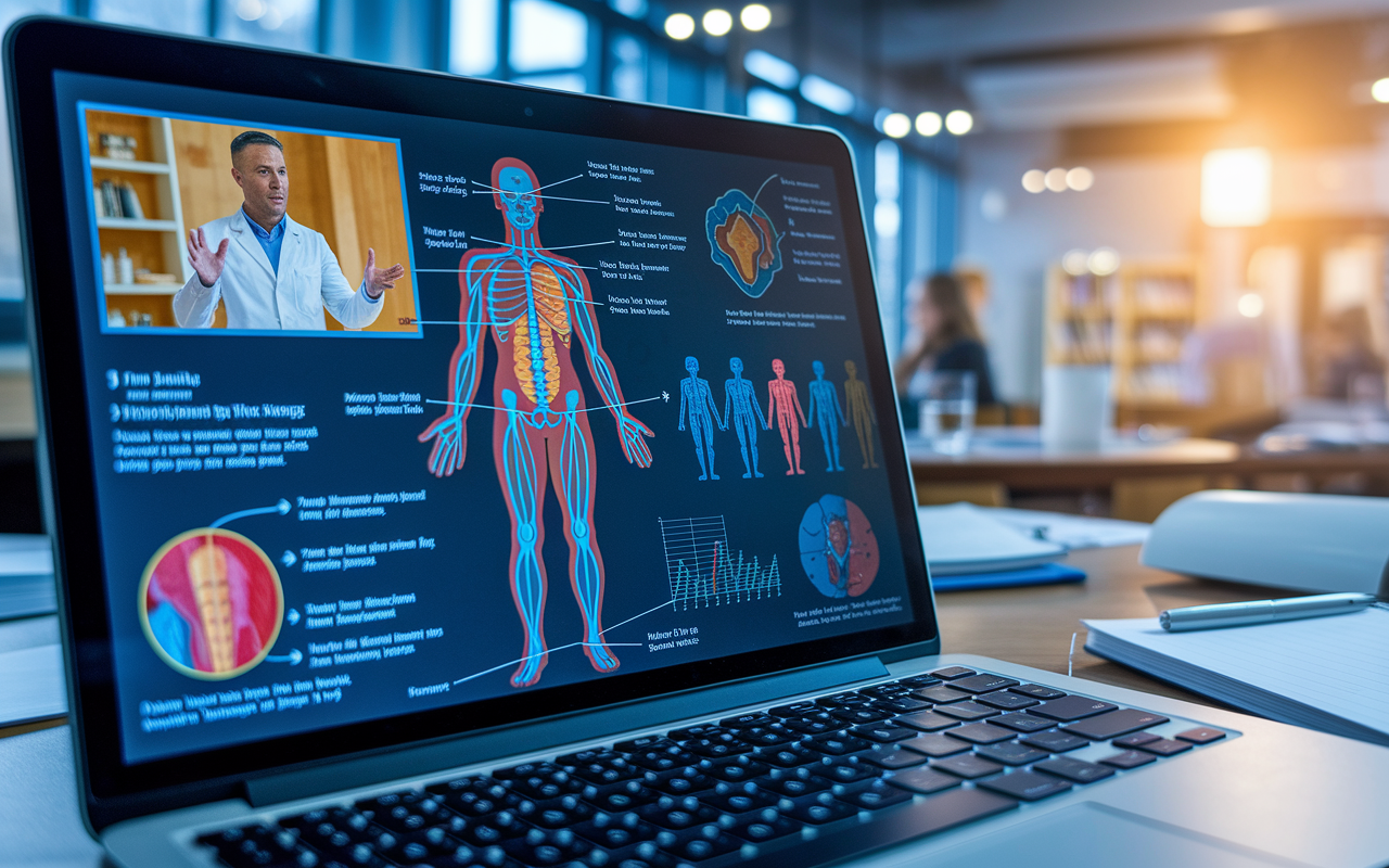 A close-up of a laptop screen displaying a dynamic video lecture in progress, featuring colorful diagrams, interactive charts, and animations of the human body. The instructor, visible in a small window, passionately explains complex topics. The environment is a contemporary study room filled with medical resources, and a warm light casts an inviting glow.