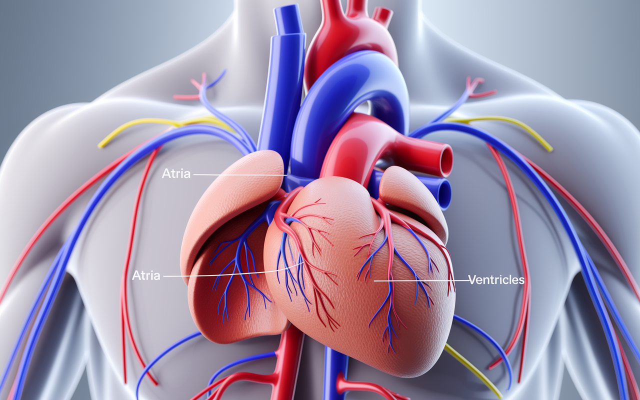 An eye-catching 3D animation illustrating the anatomy of the heart, showcasing the flow of blood through the four chambers. The visual includes labeled key structures such as atria and ventricles, with vibrant colors and moving parts. The background is subtly blurred, focusing attention on the heart's intricate inner workings, evoking a sense of biological wonder.