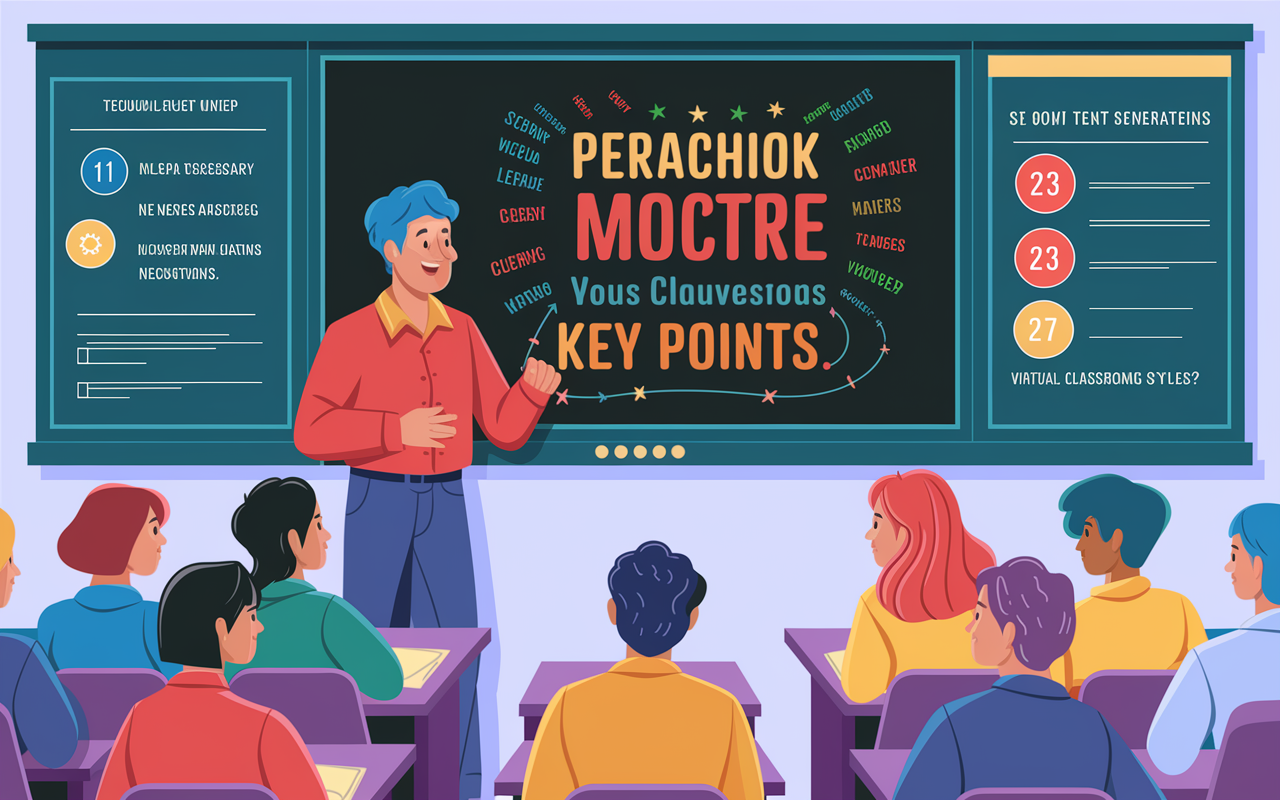 An enthusiastic instructor presenting an engaging video lecture, with colorful graphics and text illustrating key points. The screen displays interactive polls and questions to keep students involved, set in a contemporary virtual classroom environment. The atmosphere is lively and educational, with an artistic flair reflecting modern teaching styles.