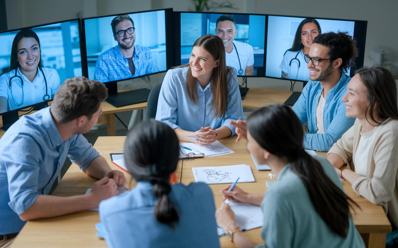 A vibrant online study group discussion taking place in a video call format, with students engaged in conversation. The participants share screens displaying medical diagrams and lecture notes, and friendly expressions convey a sense of community and collaboration. The atmosphere is supportive and interactive, embodying modern educational tools.