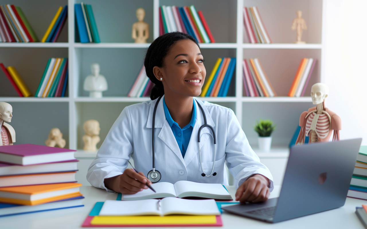 An aspirational medical student sitting at a study desk surrounded by textbooks and a laptop. The student looks hopeful and focused, surrounded by visual aids like anatomical models and colorful study materials. Soft, warm lighting creates a conducive study atmosphere, embodying the journey towards becoming a physician.