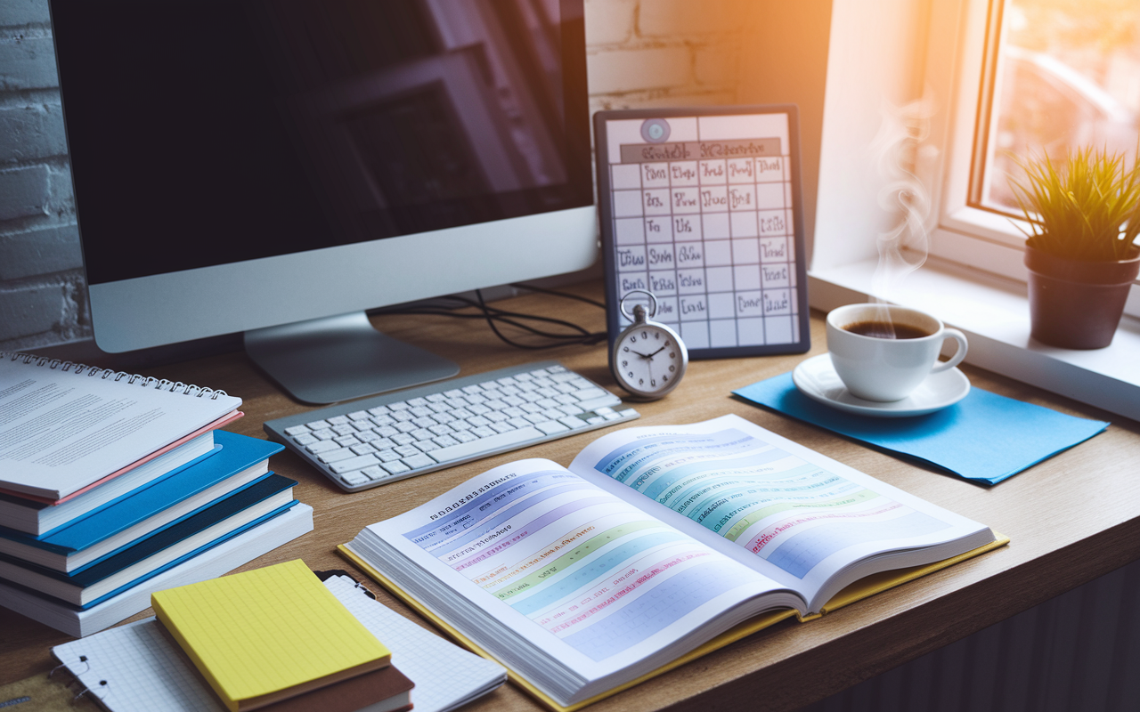 A cluttered desk with a computer, medical textbooks open, and a planned study schedule on a whiteboard. Color-coded notes and highlighted sections show a variety of medical topics. A cup of coffee is steaming on the desk, alongside a stopwatch measuring study time. A window lets in warm sunlight, indicating a bright study space that creates a motivational atmosphere.