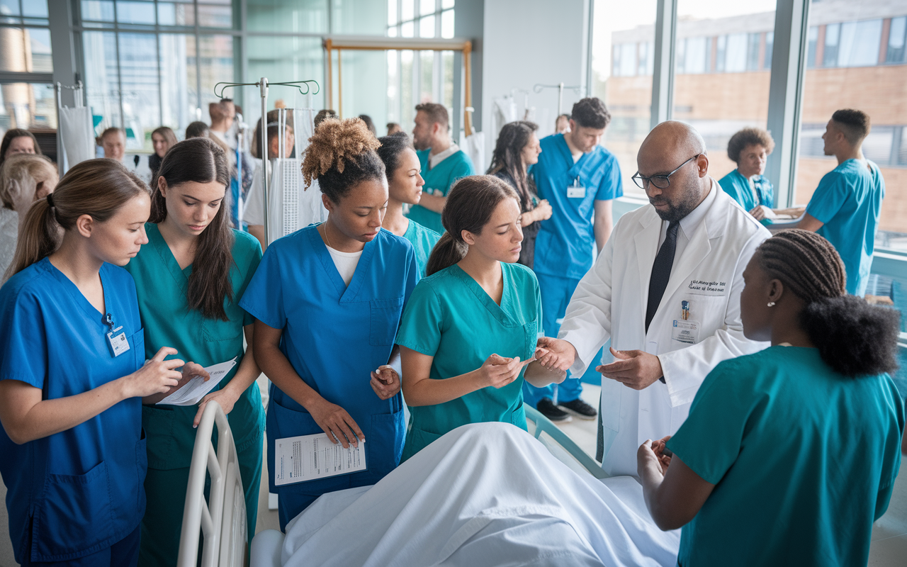 A busy hospital room with medical students in scrubs interacting with a patient, examining a chart and discussing symptoms with a senior physician. The atmosphere is bustling with activity, showcasing teamwork and clinical learning. Natural light pours in through large windows, highlighting important medical equipment and the attentive expressions of student doctors.