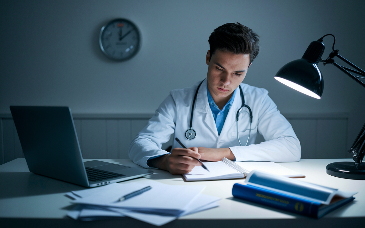 A medical student in a quiet room, sitting at a desk with a serious expression, taking a mock exam on a laptop. A timer is visible, counting down in the background, creating a focused ambiance. Papers with notes and a textbook are strewn around, while the light from a desk lamp casts soft shadows, enhancing concentration.