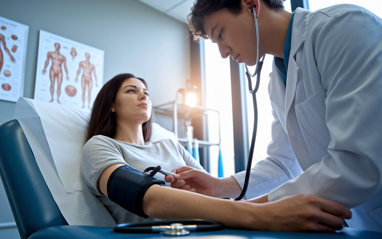 A close-up of a medical student performing a physical examination on a standardized patient, focusing on taking the patient's blood pressure. The patient looks relaxed while the student is concentrating, highlighting clinical proficiency. The clinical room is equipped with medical tools like an otoscope, stethoscope, and anatomical charts on the wall. Natural light streams in through a nearby window, creating a calm and connected ambiance.