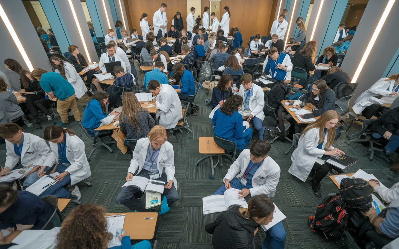 An overview of a busy exam center filled with medical students preparing for the Step 2 CS exam. Students are gathering their materials, practicing communication techniques, and reviewing notes. Some are engaged in mock interactions with peers, while others are in quiet corners reading or practicing documentation. The atmosphere buzzes with nervous energy and camaraderie as they prepare for their assessments. Lighting is bright but slightly soft to create a focused yet supportive environment.