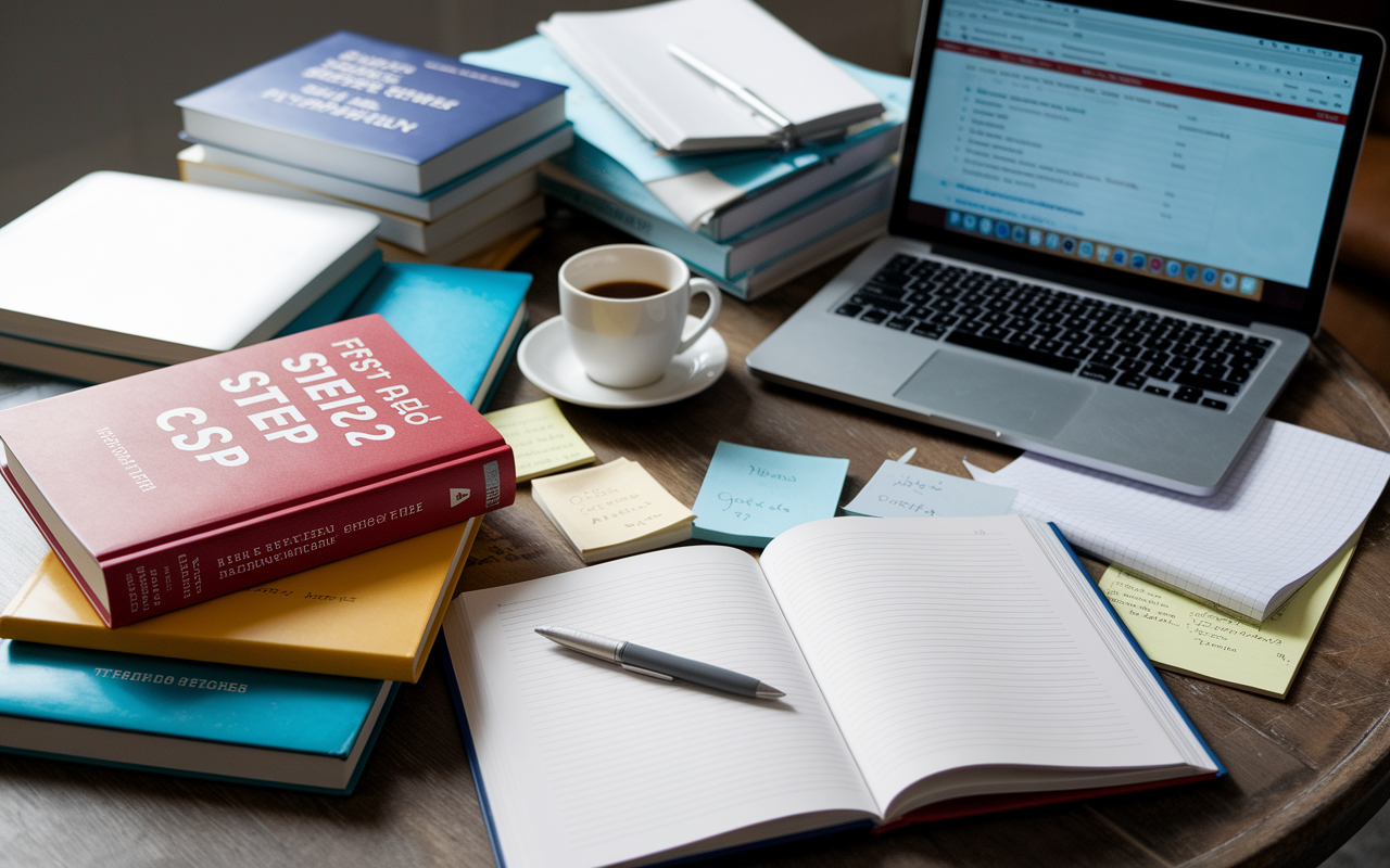 A study area on a wooden table cluttered with medical textbooks, notes, and a laptop open to an online resource for Step 2 CS preparation. Titles visible on the books include 'First Aid for the USMLE Step 2 CS' and various clinical skills manuals. A cup of coffee sits beside the books. Soft ambient lighting highlights the organized chaos of a dedicated medical student preparing for their examination.