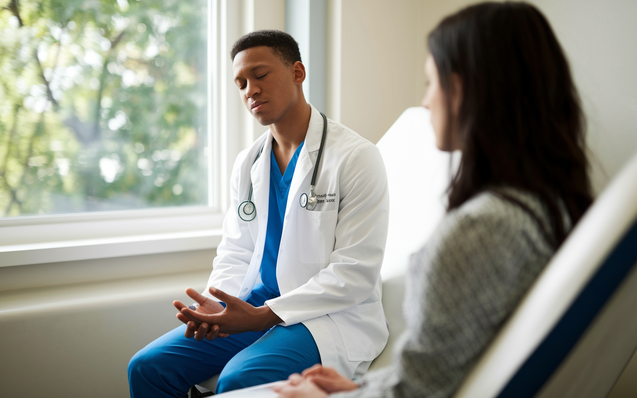 A medical student in a white coat, sitting calmly in an examination room with a standardized patient, demonstrating deep-breathing techniques. The student’s expression is focused yet calm, reflecting their dedication to managing nerves during the Step 2 CS exam. Natural light flows through the window, creating a peaceful atmosphere that contrasts the exam's intensity.