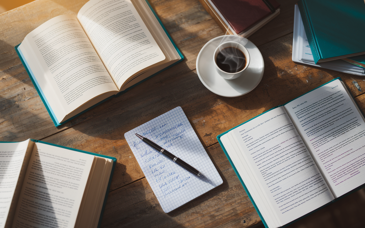 An aesthetically arranged flat lay of essential medical school books on a rustic wooden table. The books are open to their highlighted sections, alongside a notebook filled with handwritten notes, a stylish pen, and a steaming cup of coffee. The scene captures a warm, studious vibe, illuminated by soft morning sunlight, evoking the diligence and passion of future medical students.