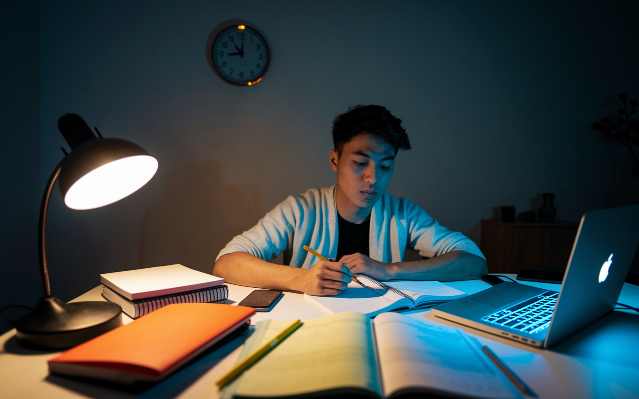 A dedicated student sitting at a study desk, immersed in MCAT preparation materials spread out around them, including textbooks, notes, and a glowing laptop. The room is dimly lit with a warm desk lamp, casting soft shadows. The student, a South Asian young adult, is focused and taking notes while a wall clock indicates it's late evening, emphasizing the commitment required for MCAT success.