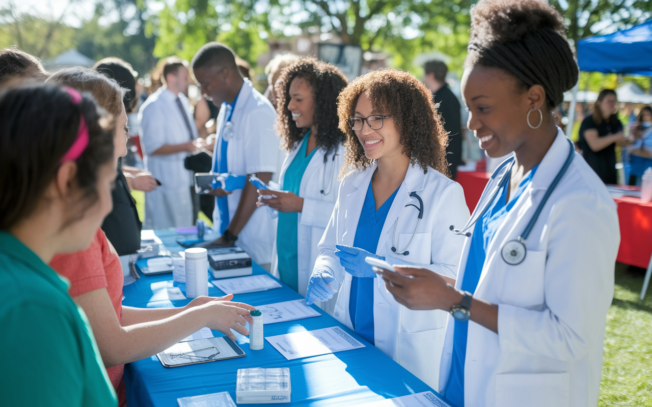 A diverse group of medical students at a local health fair, providing free health screenings to community members. The scene is filled with activity, with volunteers engaging with patients, setting up booths, and discussing health tips. Bright sunlight shines on the outdoor setting, showcasing a vibrant atmosphere of community service and dedication to health.